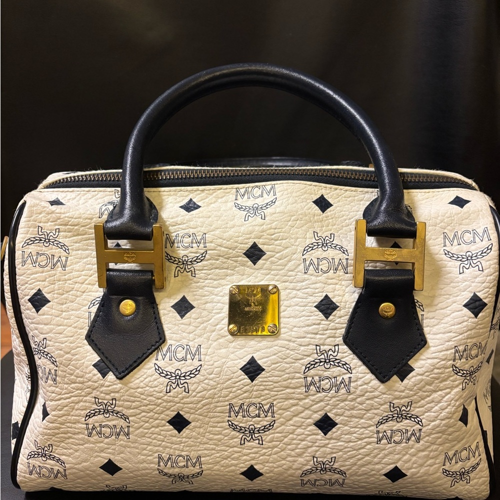 MCM White And Navy Handbag with Gold Accents